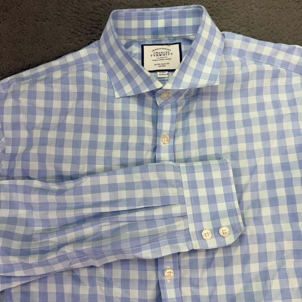Charles Tyrwhitt Dress Shirt Mens 17/35 Blue Gingham Extra Slim Fit Non-Iron